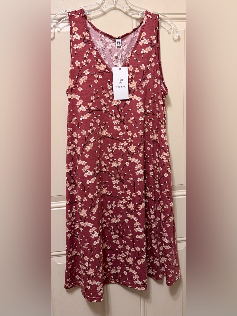 PPYOUNG Sleeveless V Neck Pullover Dress  Rust Flowering Branches Print Size L